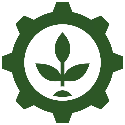 Groen tandwiel met plant- en bloemblad symbool binnenin, representeert duurzame groei en kunstgroen op maat.