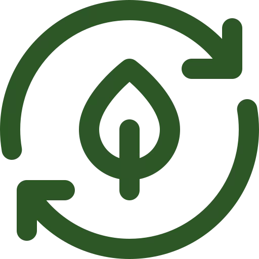 Groen circulair pictogram met blad in het midden en pijlen die een recyclingproces aanduiden, symbool voor duurzaamheid en hergebruik.